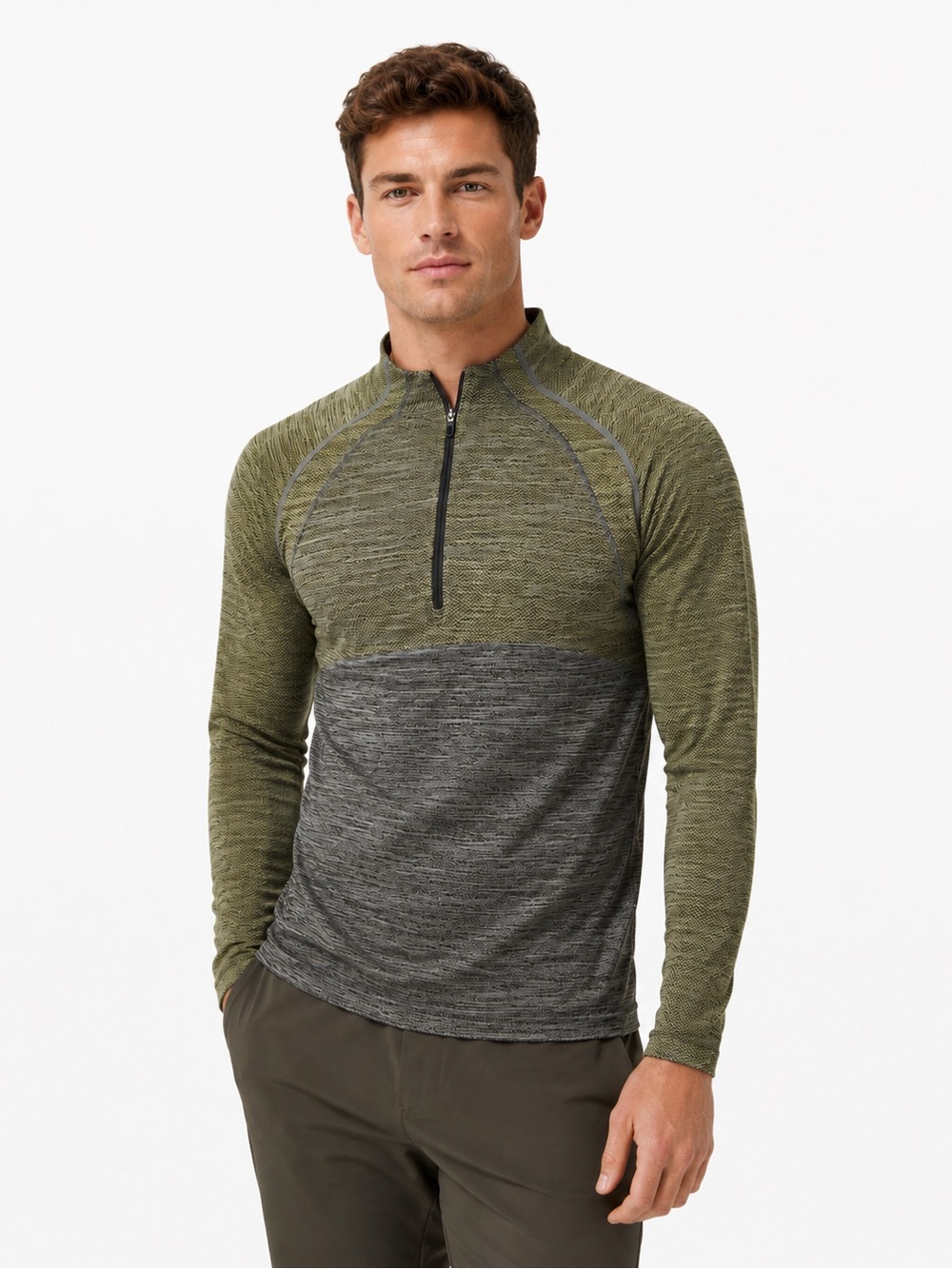 Lululemon Men's Two-Tone Quarter-Zip Performance Top - Olive & Charcoal large